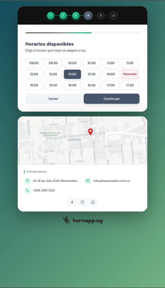 Pantalla de horarios disponibles